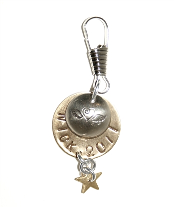 Memorial zipper pull nickel silver disc hand stamped with heart and wings, brass shining star hangs from the bottom of the lower disc