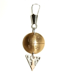 Domed brass disk imprinted with N-E-S-W, silver nickel triangle embellished with brass arrow