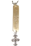 Brass plate zipper pull. Hand stamped with LOVE LAUGH LIVE  and RIDE LAUGH SOAR, hanging antiqued silver plate cross charm