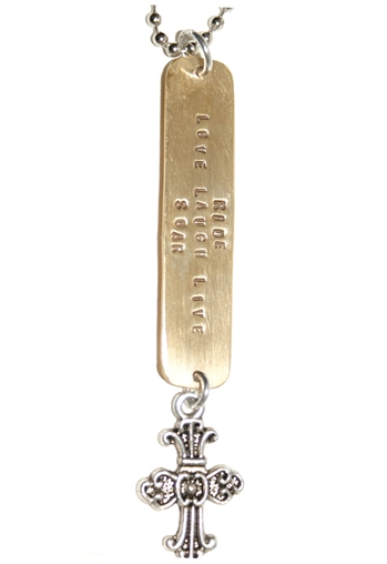 Brass plate zipper pull. Hand stamped with LOVE LAUGH LIVE  and RIDE LAUGH SOAR, hanging antiqued silver plate cross charm