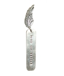 nickel silver plate imprinted with EAT RIDE REPEAT, embellished with a silver angel wing charm