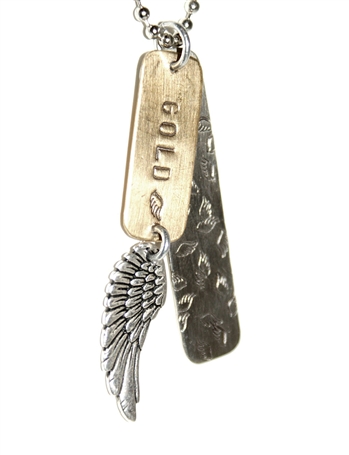 Zipper pull silver nickel and brass plate, hand-stamped with "GOLD" and wing symbol