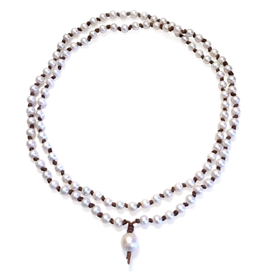 Japa Mini Mala Freshwater Pearl and Leather Necklace White