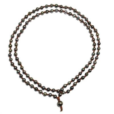 Japa Mala Tahitian Pearl and Leather Necklace