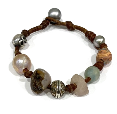 Pearl and Leather Precious Stones Gypsy Bracelet