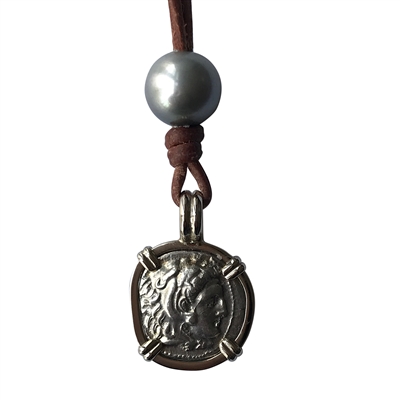 Fine Pearls and Leather Jewelry by Designer Wendy Mignot Hercules and Zeus Ancient Silver Coin Pendant, Tahitian Pearl Necklace