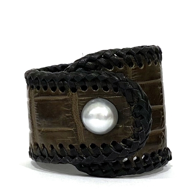 Metarie Tahitian Pearl and Alligator Hide Cuff Bracelet  by Wendy Mignot