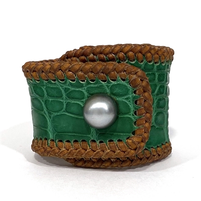 Metarie Tahitian Pearl and Alligator Hide Cuff Bracelet  by Wendy Mignot