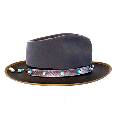 Aspen Hat Band with Grey Snake Skin  Freshwater Pearls and Turquoise by Jean Noel Mignot