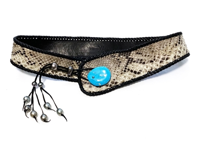 Wendy Mignot Snakeskin Belt With Turquoise and Tahitian Pearls and Leather - "The Queenstown"