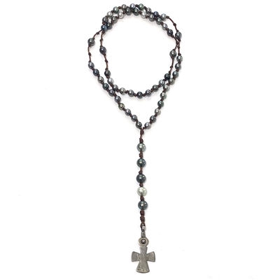 Wendy Mignot Tahitian Pearl and Leather Rosary Necklace with Pressed Coin Cross