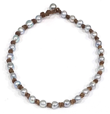 Siren of the Sea Platinum Pearl and Leather All Around Necklace-16"