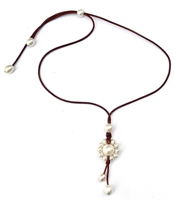 Wendy Mignot Freshwater Pearl and Leather Sunflower Necklace Slider-White