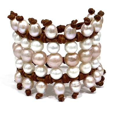 Wendy Mignot Freshwater Pearl and Leather Five Level Cuff Bracelet