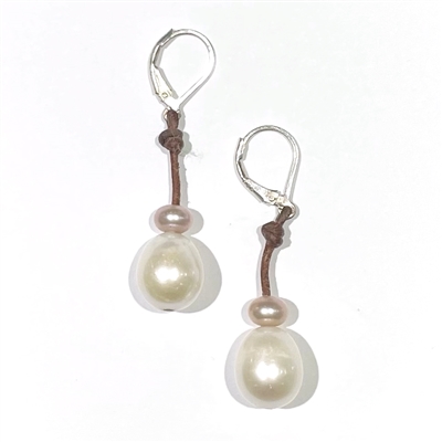 Fine Pearls and Leather Jewelry by Designer Wendy Mignot Drop Freshwater Earrings White, Champagne Accent