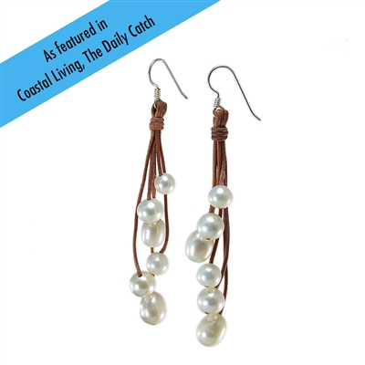 Fine Pearls and Leather Jewelry by Designer Wendy Mignot Six Drop Freshwater Earrings White