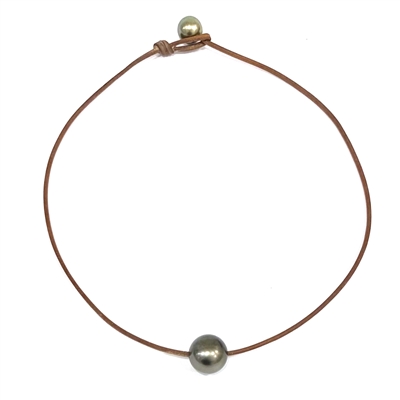 Large Single Tahitian Pearl and Leather Marie Necklace