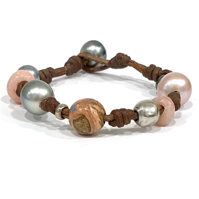 Fine Pearls and Leather Jewelry by Designer Wendy Mignot Pearl and Precious Stones Gypsy Bracelet