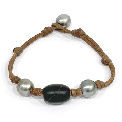 photo of Wendy Mignot Tahitian Pearl and Leather with Black Petoskey Stone Bracelet