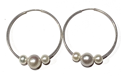 photo of Wendy Mignot Silver Three Pearl Hoop Earrings - White, Silver, White