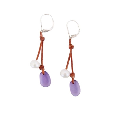 photo of Wendy Mignot Coastline Cherries Freshwater Pearl and Leather Earrings - Purple