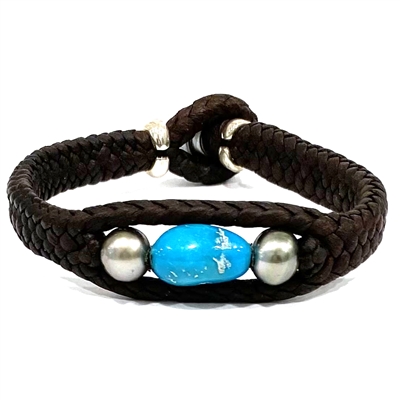 photo of Wendy Mignot Laredo Trio Turquoise and Tahitian Pearl and Leather Braided Bracelet with Silver Accents 3