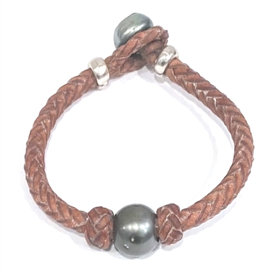 Austin Tahitian Pearl and Leather Bracelet with Sterling Silver Accents by Wendy Mignot