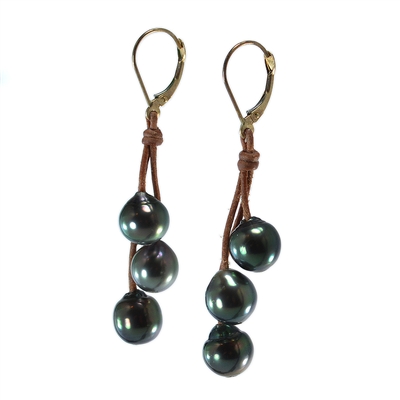 photo of Wendy Mignot Bora Bora Three Drop Tahitian Pearl and Leather Earrings