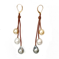 photo of Wendy Mignot Fusion Tri-Color South Sea Pearl and Leather Three Drop Earrings