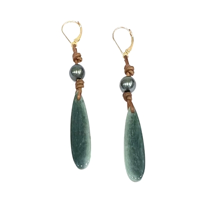 photo of Wendy Mignot Green Mountain Jade and Tahitian Pearl and Leather Earrings