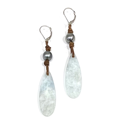 Aquamarine and Tahitian Pearl and Leather Earrings