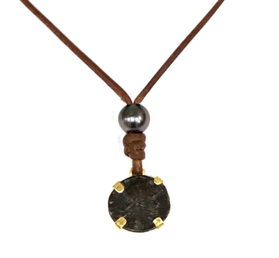 photo of Wendy Mignot Roman Bronze Coin and Tahitian Pearl and Leather Necklace