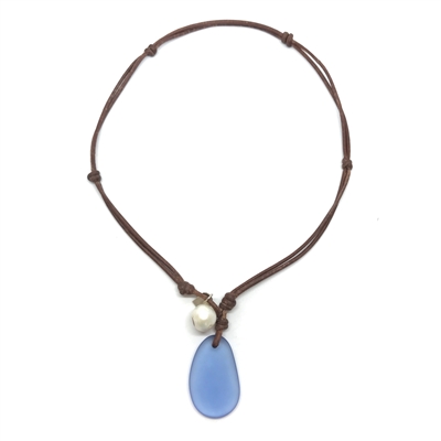 Fine Pearls and Leather Jewelry by Designer Wendy Mignot | Coastline Anegada Royal Blue Sea Glass Necklace