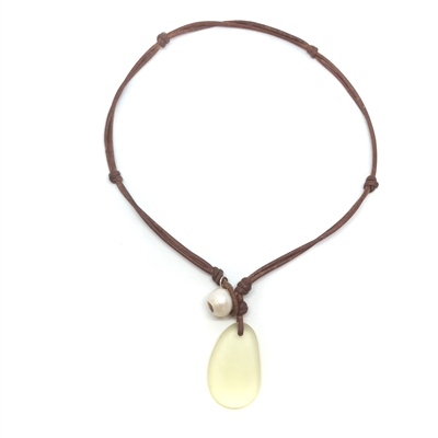 Fine Pearls and Leather Jewelry by Designer Wendy Mignot | Coastline Anegada Light Yellow Sea Glass Necklace