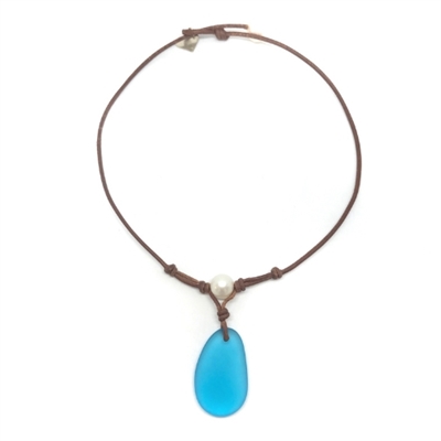 Fine Pearls and Leather Jewelry by Designer Wendy Mignot | Coastline Grove Aqua Blue Sea Glass Necklace