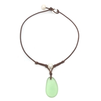 photo of Wendy Mignot Coastline Grove Green Sea Glass and Pearl and Leather Necklace