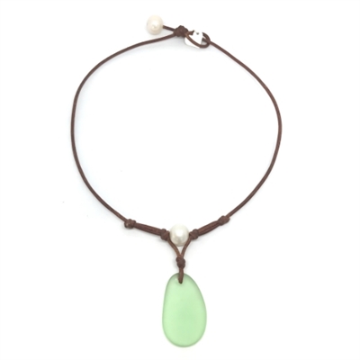 photo of Wendy Mignot Coastline Grove Green Sea Glass and Pearl and Leather Necklace