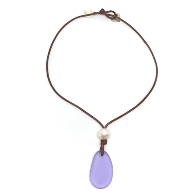 Fine Pearls and Leather Jewelry by Designer Wendy Mignot | Coastline Saba Violet Sea Glass Necklace