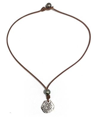 photo of Wendy Mignot King Phillip II Spanish Treasure Coin Replica with Tahitian Pearl and Leather Necklace