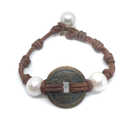photo of Wendy Mignot Ming Dynasty Bronze Coin and Pearl and Leather Bracelet