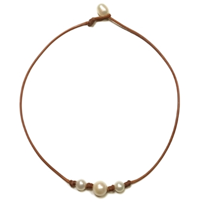 photo of Wendy Mignot Daisy Three Pearl Freshwater Pearl and Leather Necklace with Knots White