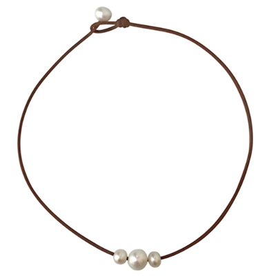 photo of Wendy Mignot Daisy Three Pearl Freshwater Pearl and Leather Necklace White
