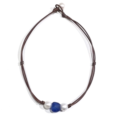 photo of Wendy Mignot Coastline Daisy Freshwater Pearl and Leather Necklace with Royal Blue Bead