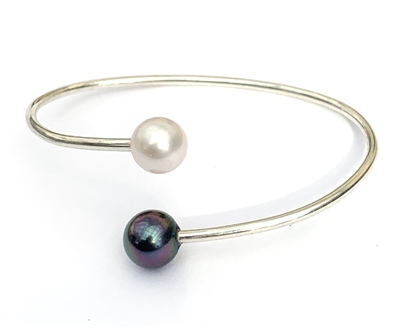 Adjustable Silver Natalie Bangle with Tahitian and Freshwater Pearls (Black and White) by Wendy Mignot