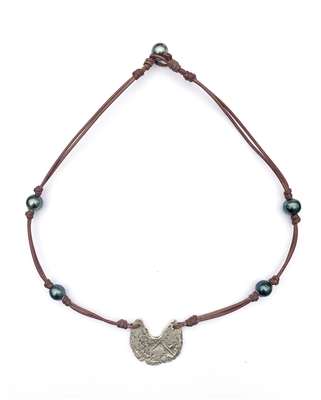 Fine Pearls and Leather Jewelry by Designer Wendy Mignot Concepcion Silver Shipwreck Coin, Tahitian Pearl Saba Necklace 21"
