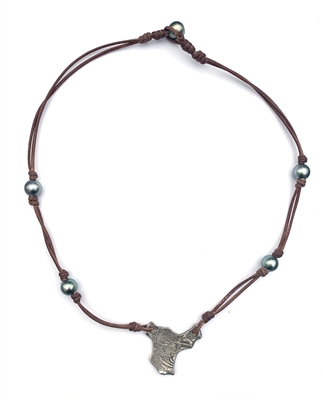 Fine Pearls and Leather Jewelry by Designer Wendy Mignot Concepcion Silver Shipwreck Coin, Tahitian Pearl Saba Necklace 20"