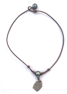 Fine Pearls and Leather Jewelry by Designer Wendy Mignot Concepcion Silver Shipwreck Coin, Tahitian Pearl Saba Necklace 18"