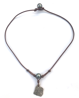 Fine Pearls and Leather Jewelry by Designer Wendy Mignot Concepcion Silver Shipwreck Coin, Tahitian Pearl Saba Necklace 16"