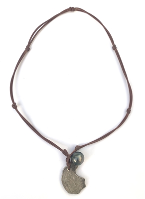 Fine Pearls and Leather Jewelry by Designer Wendy Mignot Concepcion Silver Shipwreck Coin, Tahitian Pearl Necklace 20"