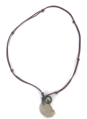 Fine Pearls and Leather Jewelry by Designer Wendy Mignot Concepcion Silver Shipwreck Coin, Tahitian Pearl Necklace 20"